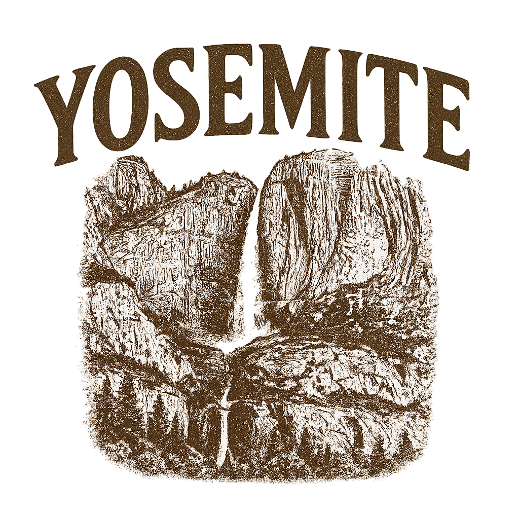 A typographic, nostalgic graphic of a typographic illustration of the words 'yosemite' with a vintage line art drawing of the yosemite falls – a t-shirt design