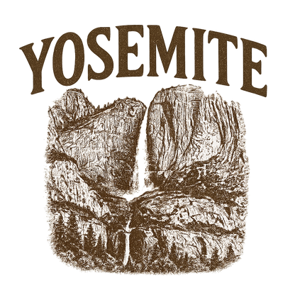 A typographic, nostalgic graphic of a typographic illustration of the words 'yosemite' with a vintage line art drawing of the yosemite falls – a t-shirt design