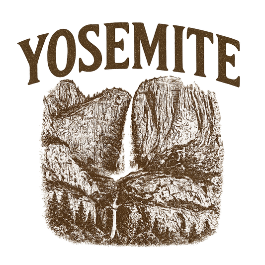 A typographic, nostalgic graphic of a typographic illustration of the words 'yosemite' with a vintage line art drawing of the yosemite falls – a t-shirt design