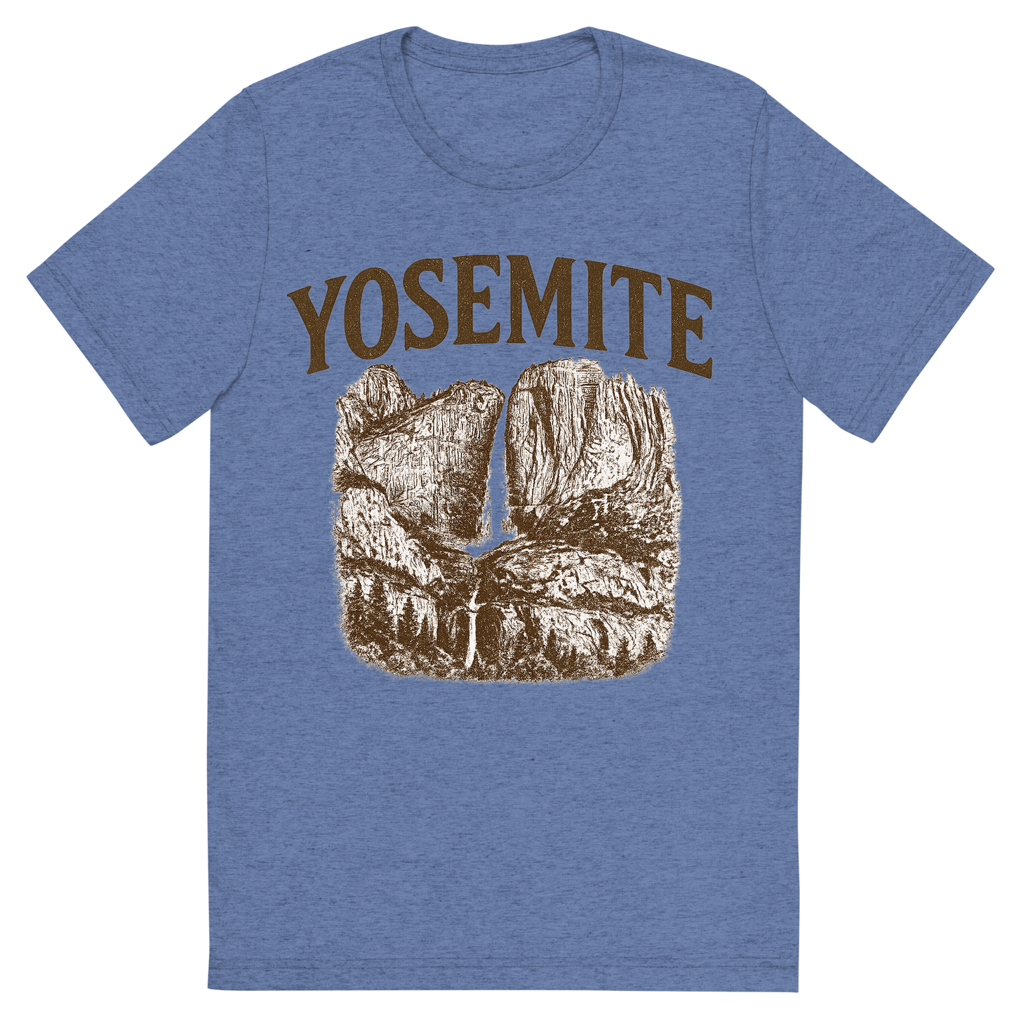 Front view of a Premium Tri-Blend Crew Neck T-Shirt in Blue showing 'A typographic, nostalgic graphic of a typographic illustration of the words 'yosemite' with a vintage line art drawing of the yosemite falls'