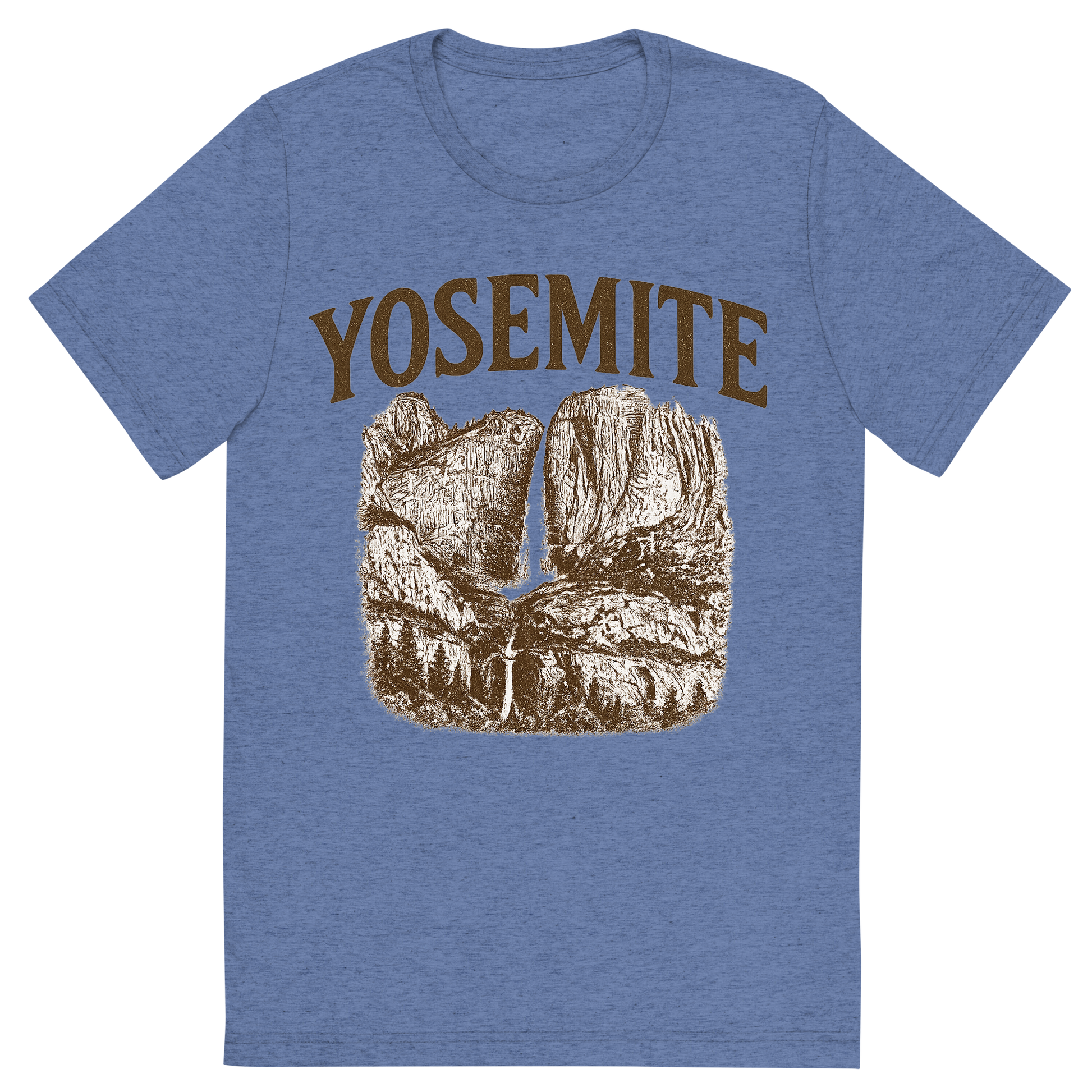 Front view of a Premium Tri-Blend Crew Neck T-Shirt in Blue showing 'A typographic, nostalgic graphic of a typographic illustration of the words 'yosemite' with a vintage line art drawing of the yosemite falls'