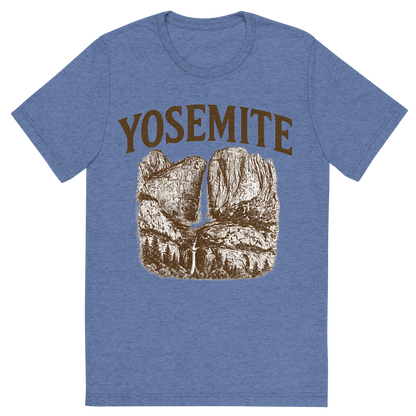 Front view of a Premium Tri-Blend Crew Neck T-Shirt in Blue showing 'A typographic, nostalgic graphic of a typographic illustration of the words 'yosemite' with a vintage line art drawing of the yosemite falls'