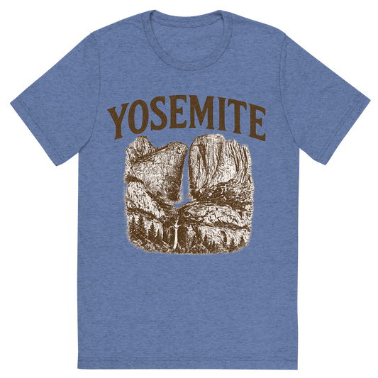 Front view of a Premium Tri-Blend Crew Neck T-Shirt in Blue showing 'A typographic, nostalgic graphic of a typographic illustration of the words 'yosemite' with a vintage line art drawing of the yosemite falls'