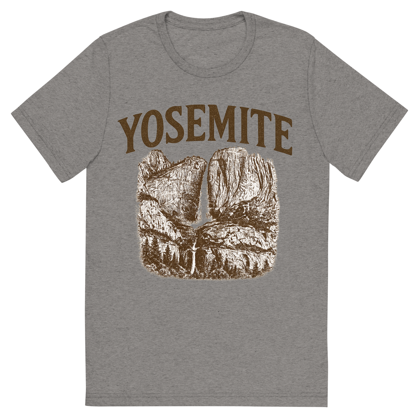 Front view of a Premium Tri-Blend Crew Neck T-Shirt in Grey showing 'A typographic, nostalgic graphic of a typographic illustration of the words 'yosemite' with a vintage line art drawing of the yosemite falls'