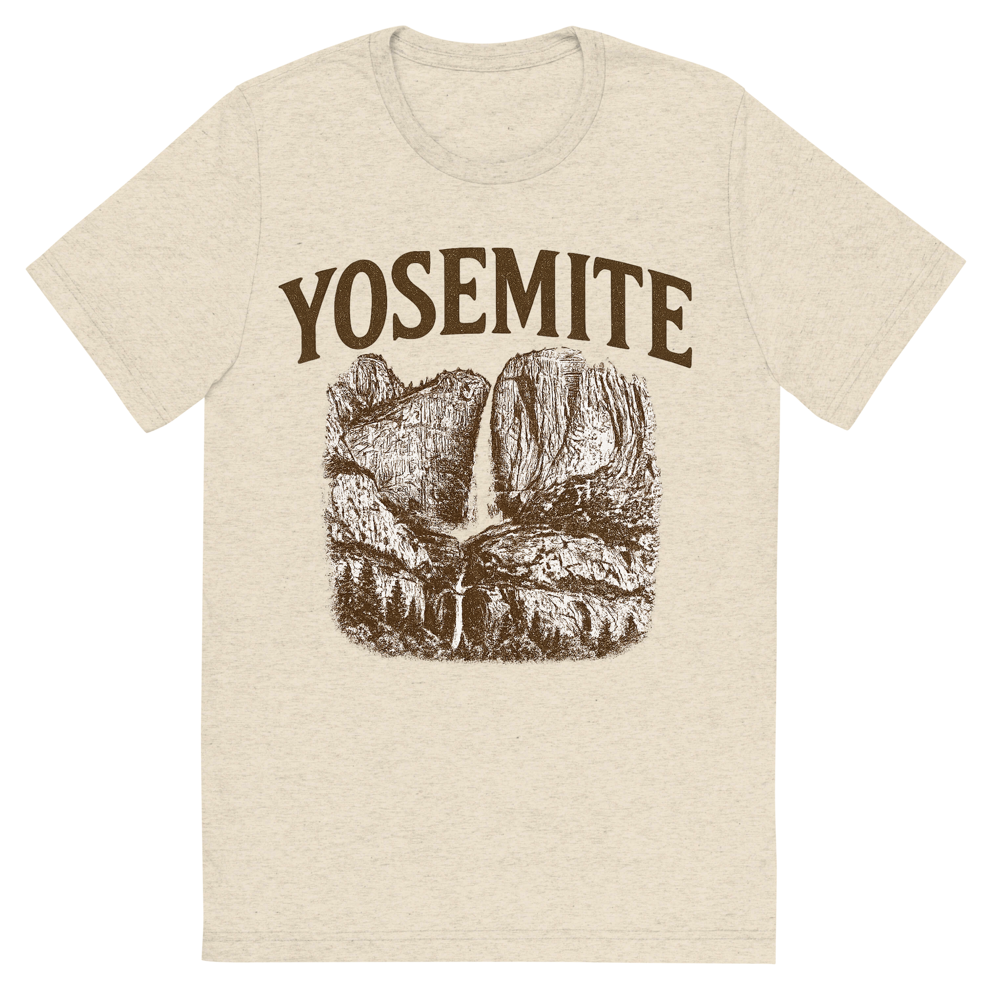 Front view of a Premium Tri-Blend Crew Neck T-Shirt in Oatmeal showing 'A typographic, nostalgic graphic of a typographic illustration of the words 'yosemite' with a vintage line art drawing of the yosemite falls'