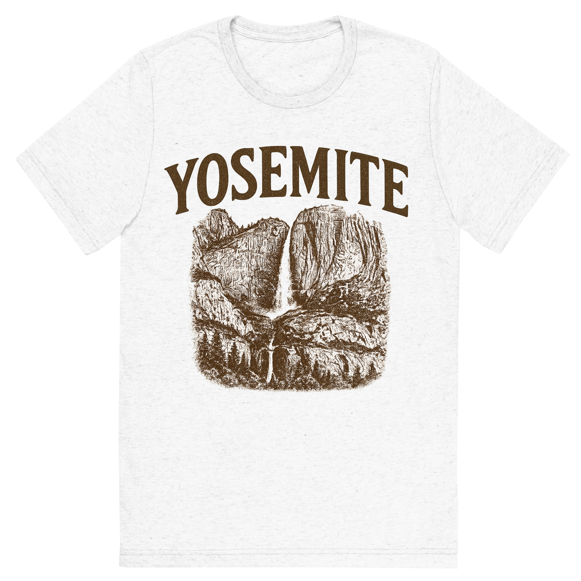 Front view of a Premium Tri-Blend Crew Neck T-Shirt in Solid White showing 'A typographic, nostalgic graphic of a typographic illustration of the words 'yosemite' with a vintage line art drawing of the yosemite falls'
