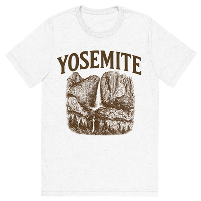 Front view of a Premium Tri-Blend Crew Neck T-Shirt in Solid White showing 'A typographic, nostalgic graphic of a typographic illustration of the words 'yosemite' with a vintage line art drawing of the yosemite falls'