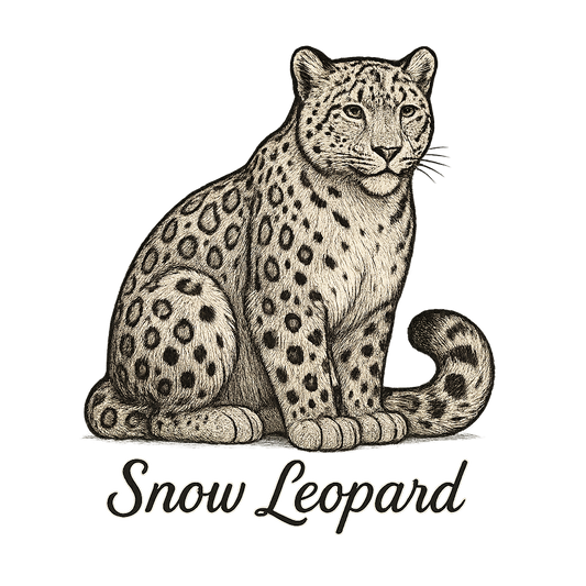 A flat, neutral graphic of a  illustration of a snow leopard with thick fur, curled tail, and spotted coat. “snow leopard” is written below in graceful script. detailed ink illustration on a white background. - a t-shirt design