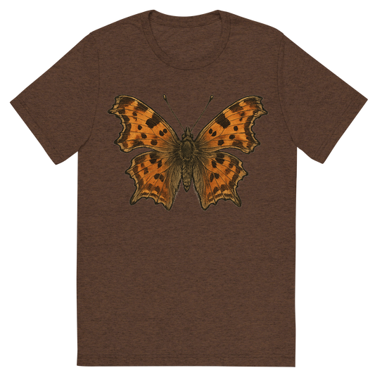 Front view of a Premium Tri-Blend Crew Neck T-Shirt in Brown showing 'A hand-drawn, tranquil graphic of comma butterfly'