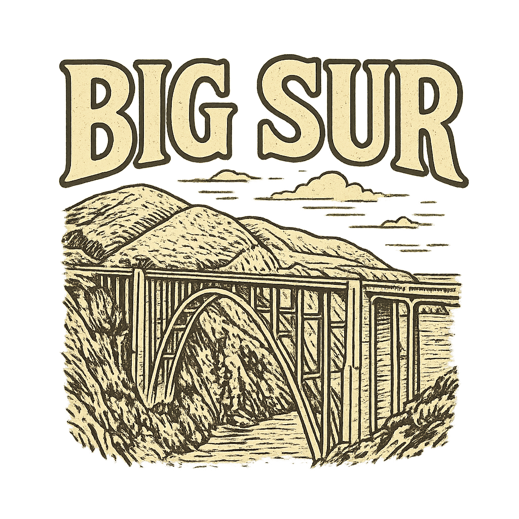 A typographic, nostalgic graphic of a typographic illustration of the words 'big sur' with a vintage line art drawing of the bixby creek bridge – a t-shirt design