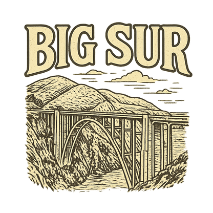 A typographic, nostalgic graphic of a typographic illustration of the words 'big sur' with a vintage line art drawing of the bixby creek bridge – a t-shirt design