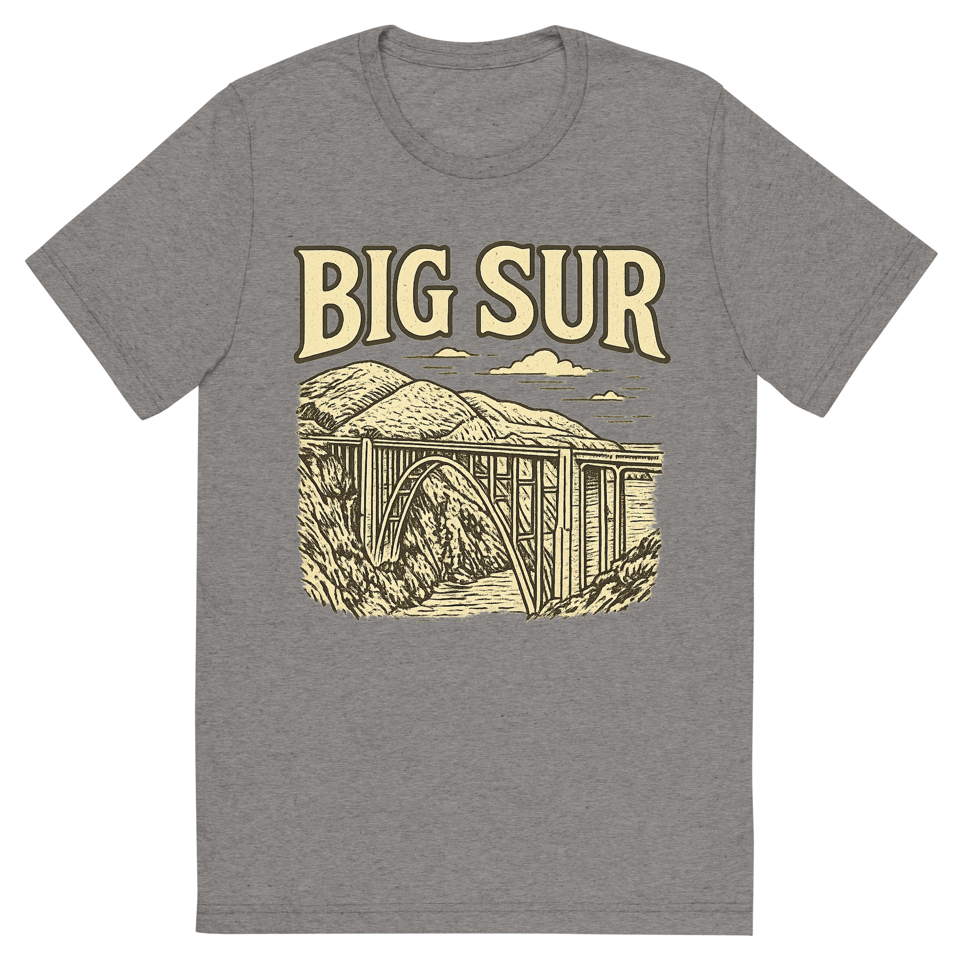 Front view of a Premium Tri-Blend Crew Neck T-Shirt in Grey showing 'A typographic, nostalgic graphic of a typographic illustration of the words 'big sur' with a vintage line art drawing of the bixby creek bridge'