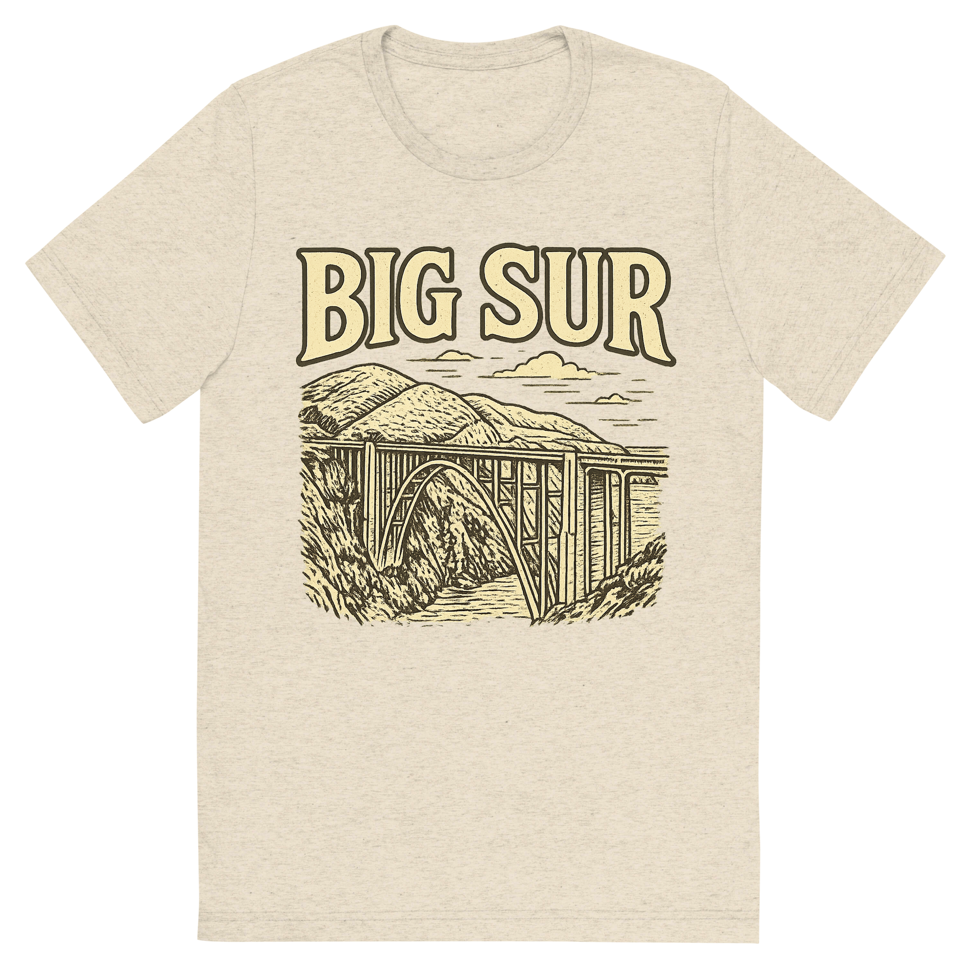 Front view of a Premium Tri-Blend Crew Neck T-Shirt in Oatmeal showing 'A typographic, nostalgic graphic of a typographic illustration of the words 'big sur' with a vintage line art drawing of the bixby creek bridge'