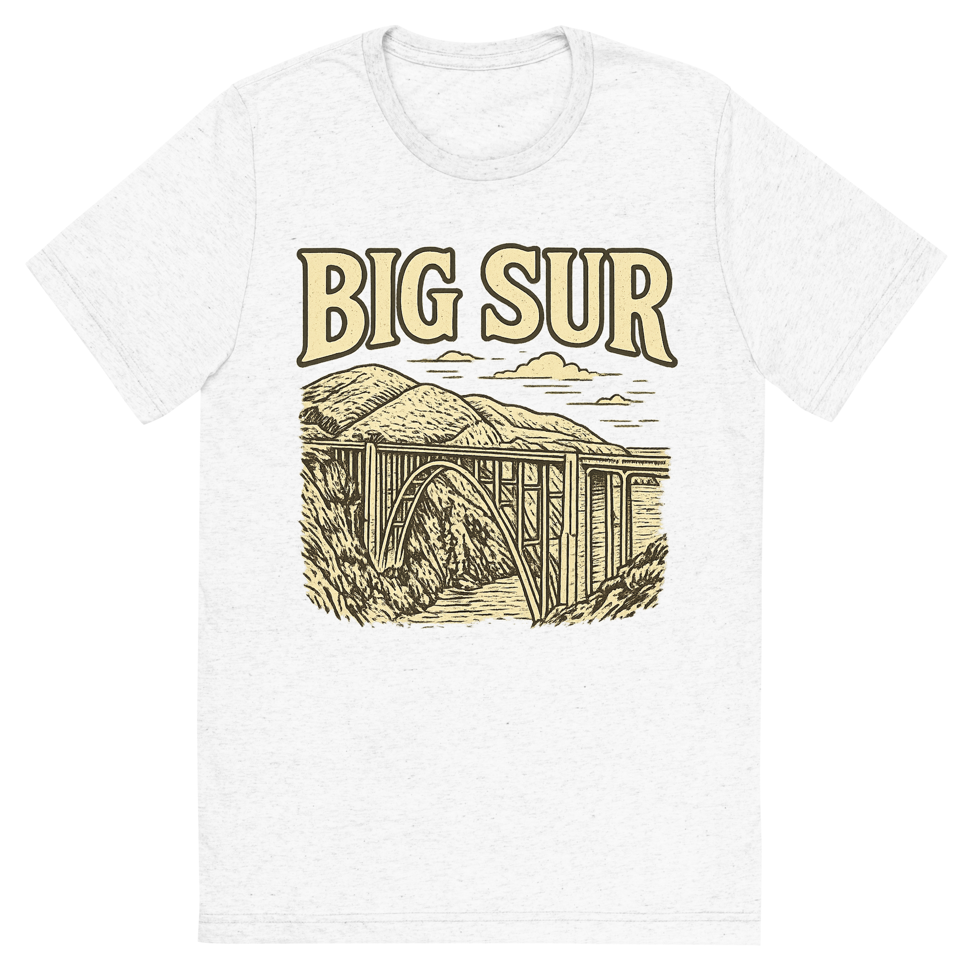 Front view of a Premium Tri-Blend Crew Neck T-Shirt in Solid White showing 'A typographic, nostalgic graphic of a typographic illustration of the words 'big sur' with a vintage line art drawing of the bixby creek bridge'