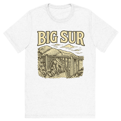 Front view of a Premium Tri-Blend Crew Neck T-Shirt in Solid White showing 'A typographic, nostalgic graphic of a typographic illustration of the words 'big sur' with a vintage line art drawing of the bixby creek bridge'