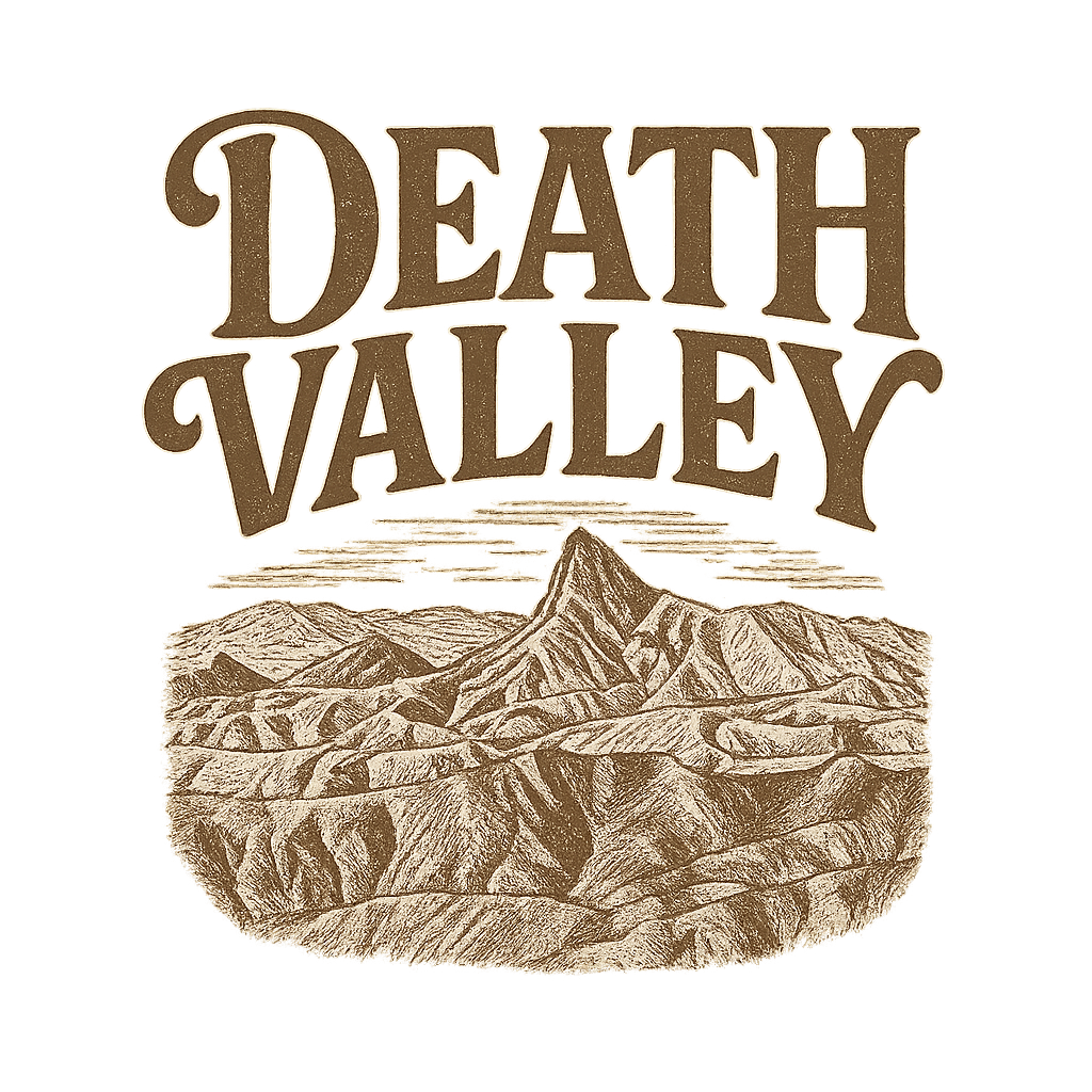 A typographic, nostalgic graphic of a typographic illustration of the words 'death valley' with a vintage line art drawing of zabriskie point – a t-shirt design