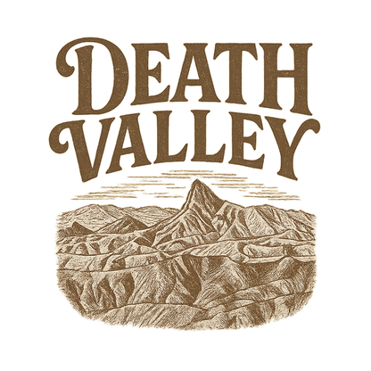 A typographic, nostalgic graphic of a typographic illustration of the words 'death valley' with a vintage line art drawing of zabriskie point – a t-shirt design