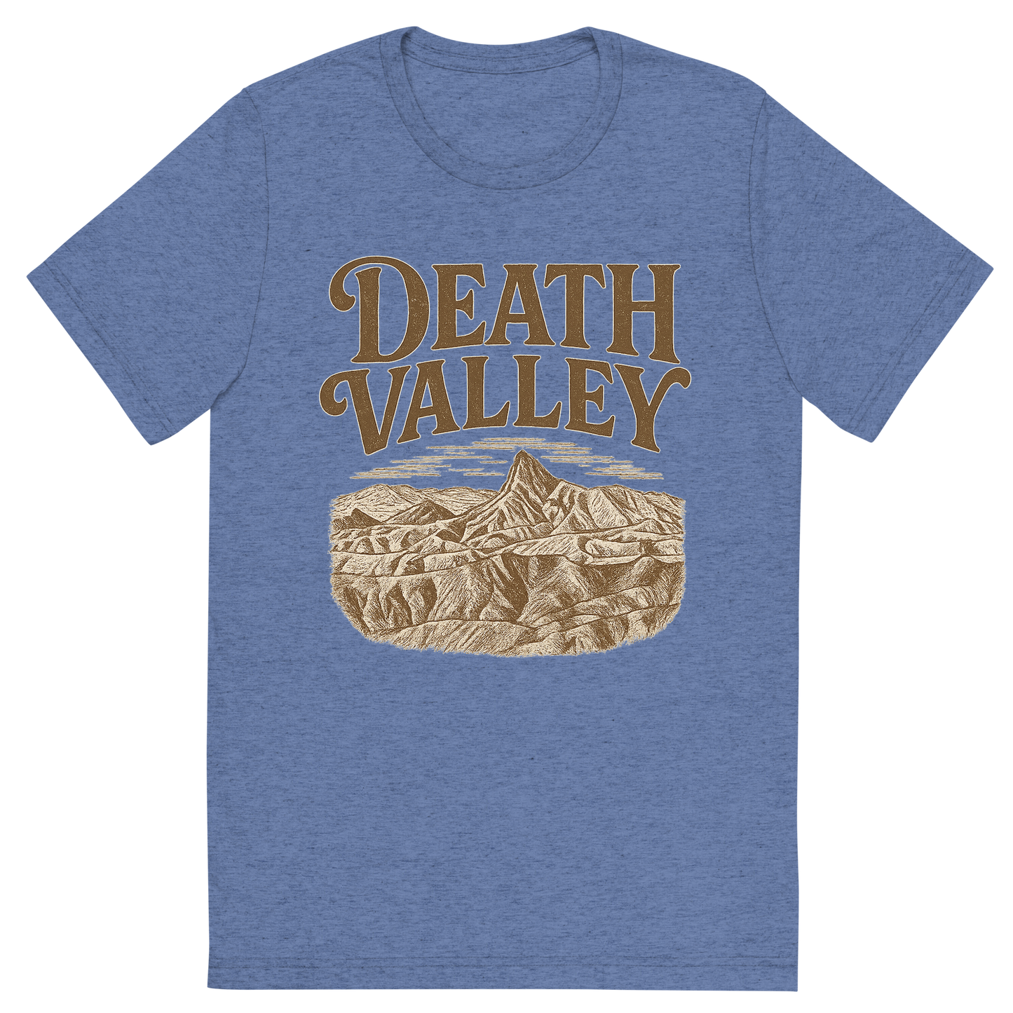 Front view of a Premium Tri-Blend Crew Neck T-Shirt in Blue showing 'A typographic, nostalgic graphic of a typographic illustration of the words 'death valley' with a vintage line art drawing of zabriskie point'