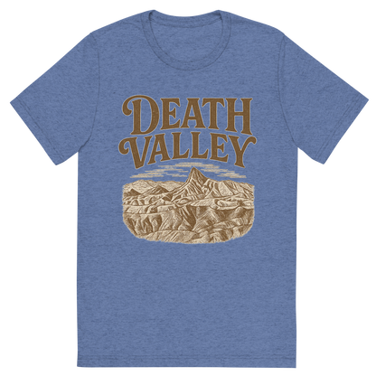 Front view of a Premium Tri-Blend Crew Neck T-Shirt in Blue showing 'A typographic, nostalgic graphic of a typographic illustration of the words 'death valley' with a vintage line art drawing of zabriskie point'