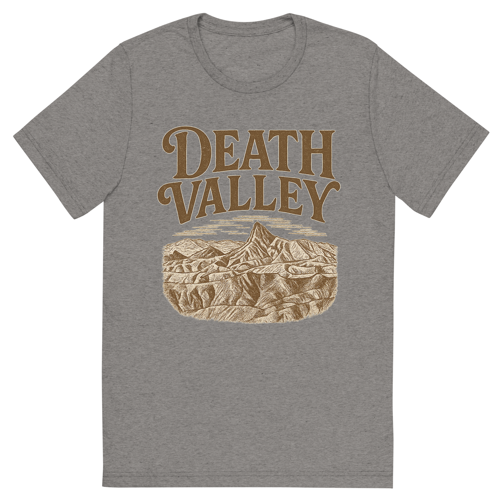 Front view of a Premium Tri-Blend Crew Neck T-Shirt in Grey showing 'A typographic, nostalgic graphic of a typographic illustration of the words 'death valley' with a vintage line art drawing of zabriskie point'