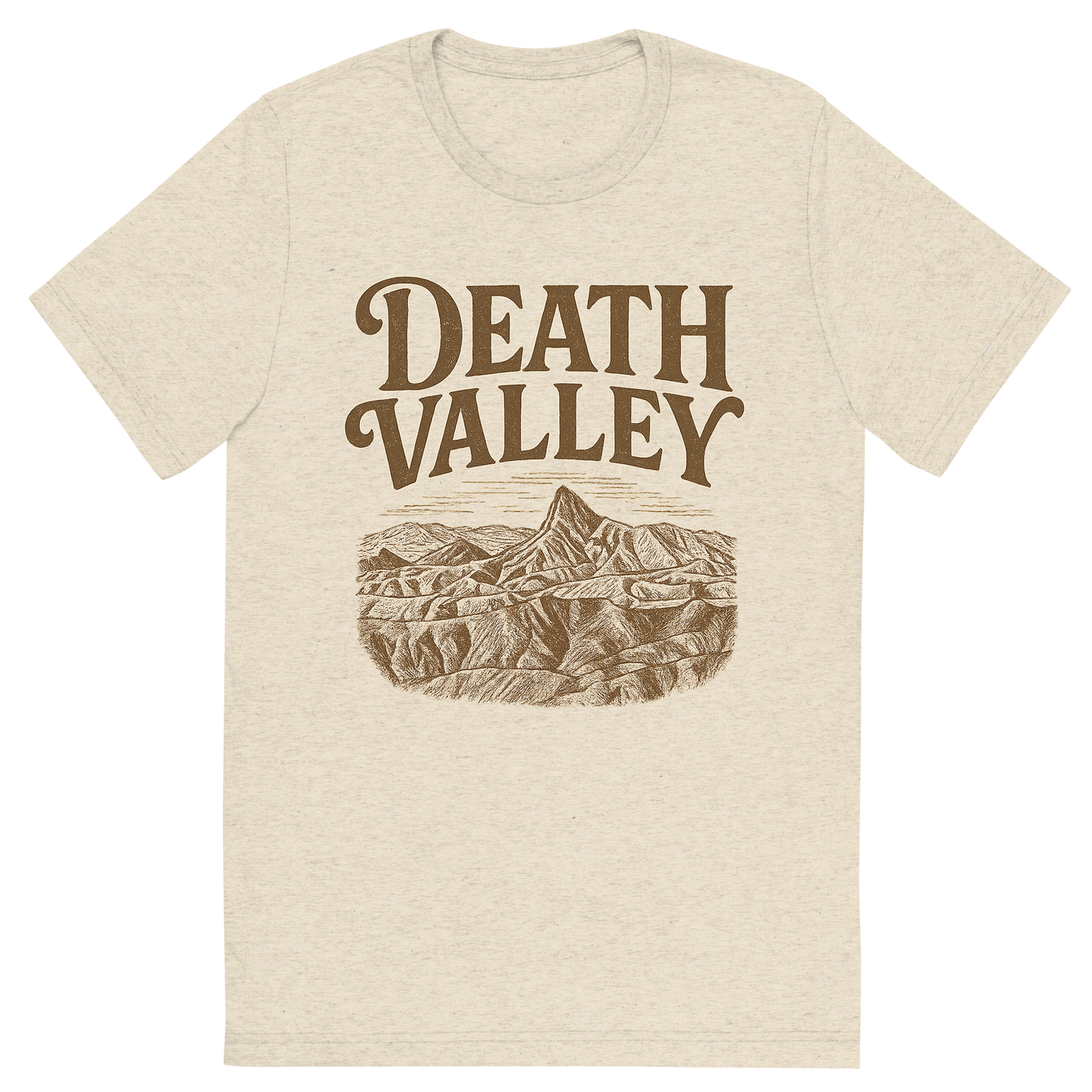 Front view of a Premium Tri-Blend Crew Neck T-Shirt in Oatmeal showing 'A typographic, nostalgic graphic of a typographic illustration of the words 'death valley' with a vintage line art drawing of zabriskie point'