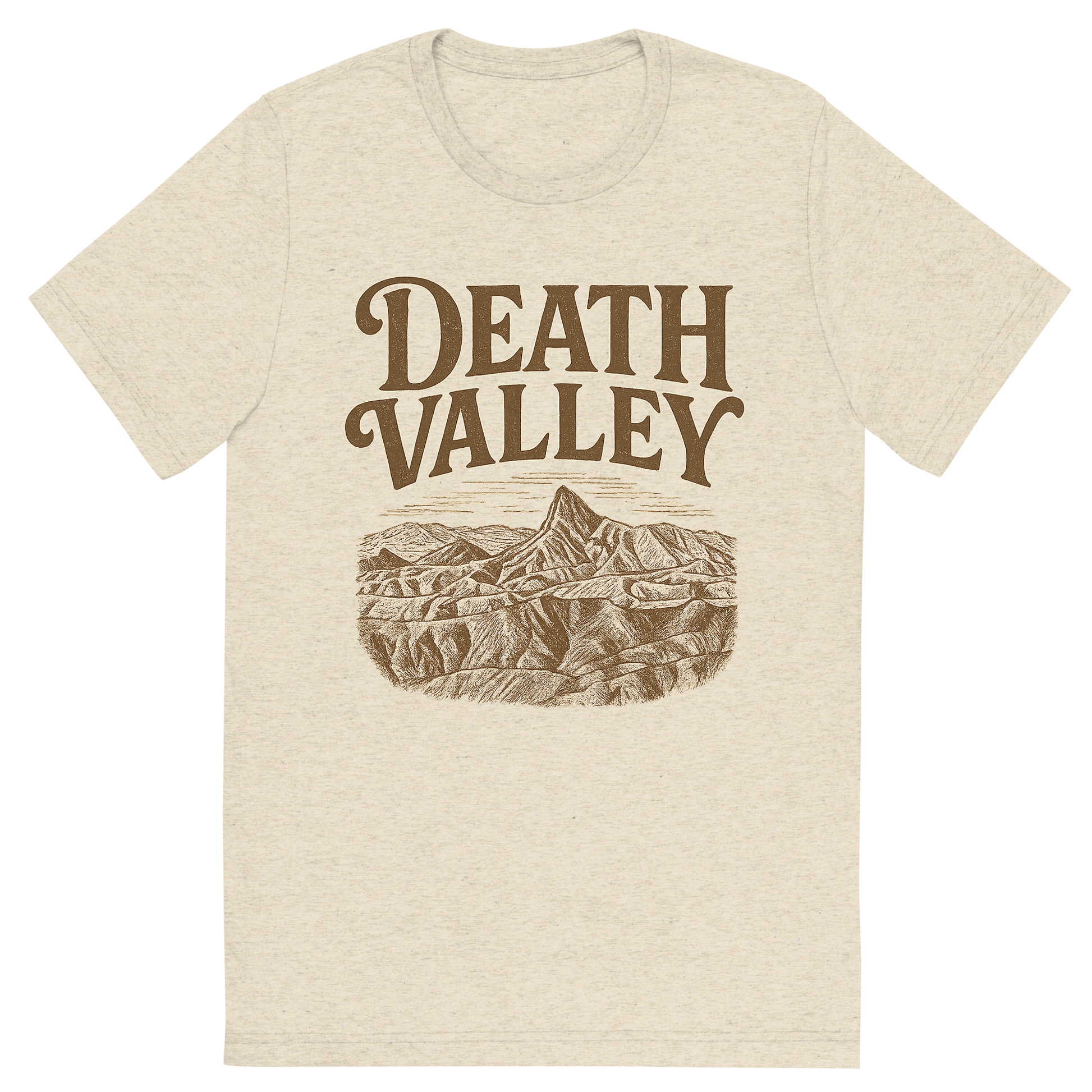 Front view of a Premium Tri-Blend Crew Neck T-Shirt in Oatmeal showing 'A typographic, nostalgic graphic of a typographic illustration of the words 'death valley' with a vintage line art drawing of zabriskie point'