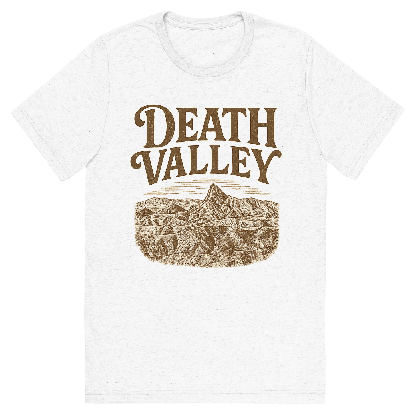Front view of a Premium Tri-Blend Crew Neck T-Shirt in Solid White showing 'A typographic, nostalgic graphic of a typographic illustration of the words 'death valley' with a vintage line art drawing of zabriskie point'