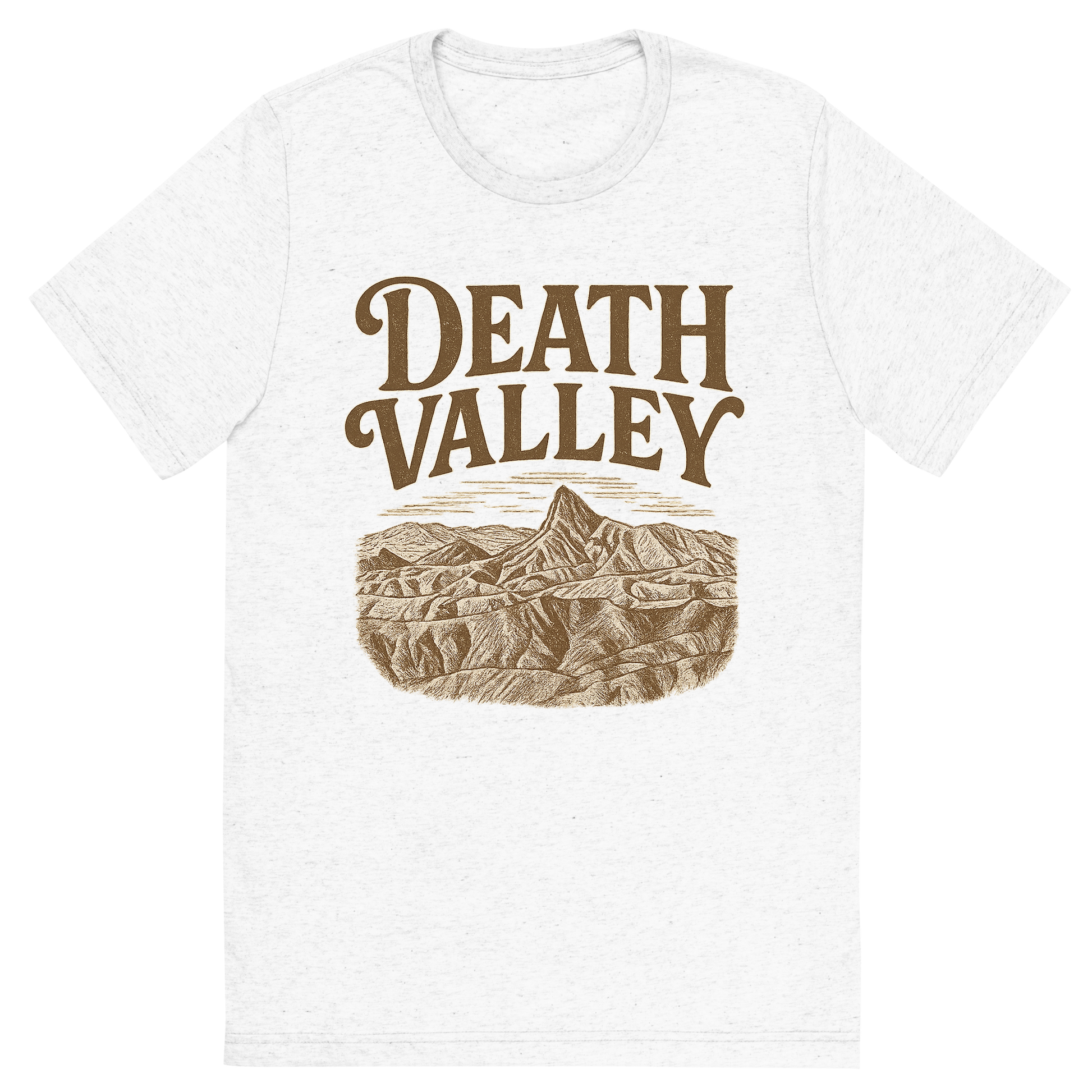 Front view of a Premium Tri-Blend Crew Neck T-Shirt in Solid White showing 'A typographic, nostalgic graphic of a typographic illustration of the words 'death valley' with a vintage line art drawing of zabriskie point'