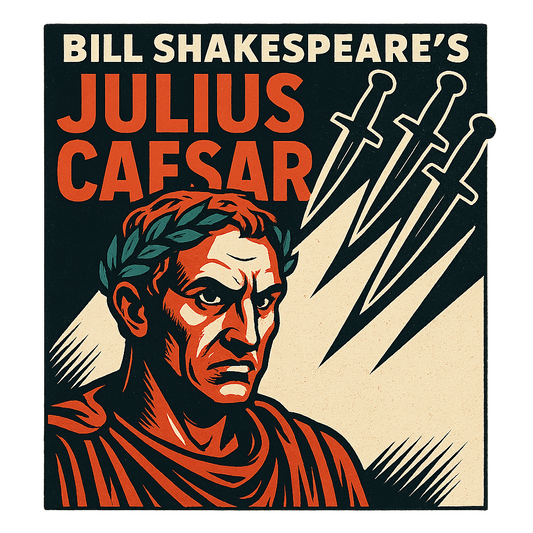 A retro, edgy graphic of a visual representation of a key theme and character from william shakespeare's julius caesar – a t-shirt design