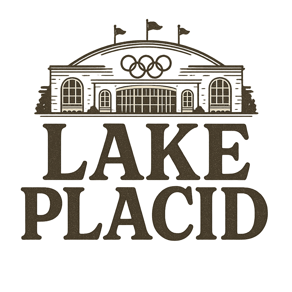 A typographic, nostalgic graphic of a typographic illustration of the words 'lake placid' with a vintage line art drawing of the olympic center – a t-shirt design
