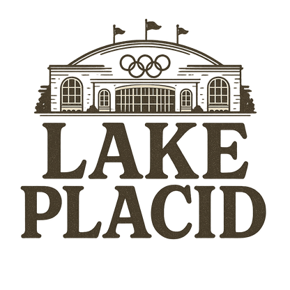 A typographic, nostalgic graphic of a typographic illustration of the words 'lake placid' with a vintage line art drawing of the olympic center – a t-shirt design