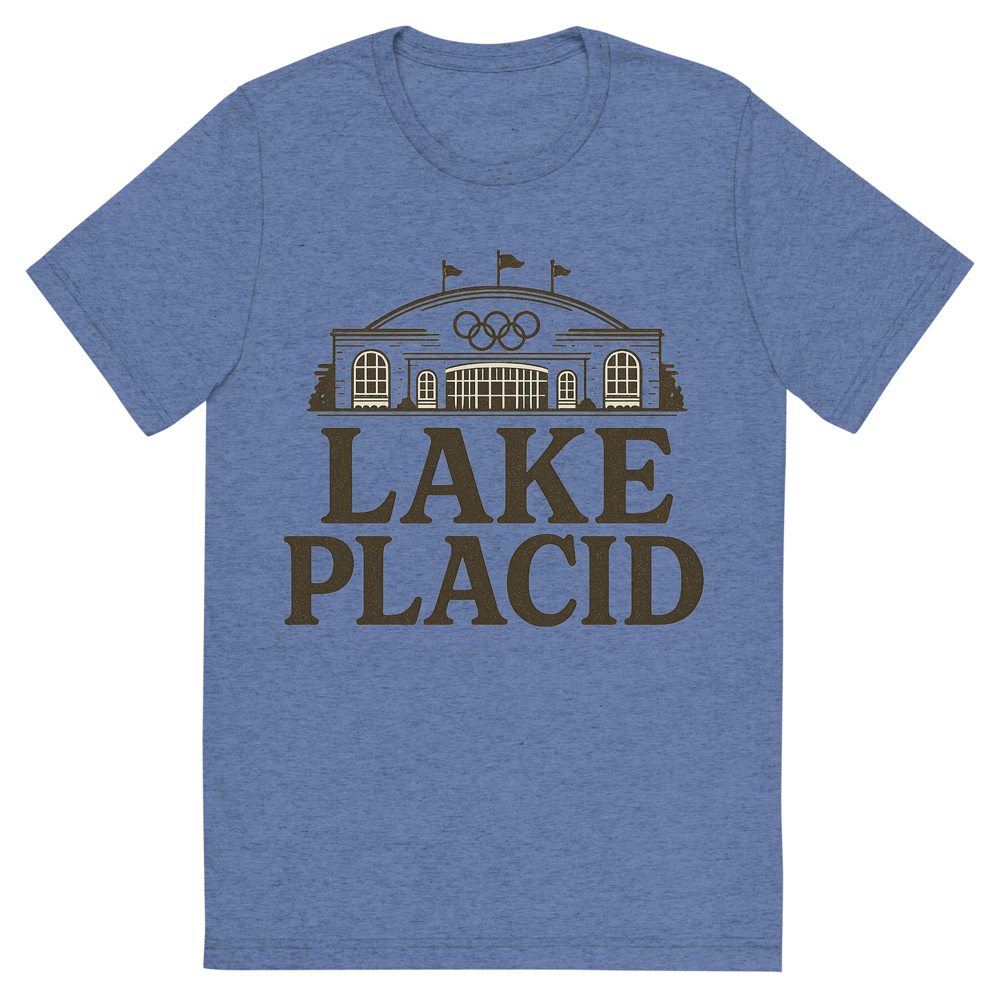 Front view of a Premium Tri-Blend Crew Neck T-Shirt in Blue showing 'A typographic, nostalgic graphic of a typographic illustration of the words 'lake placid' with a vintage line art drawing of the olympic center'