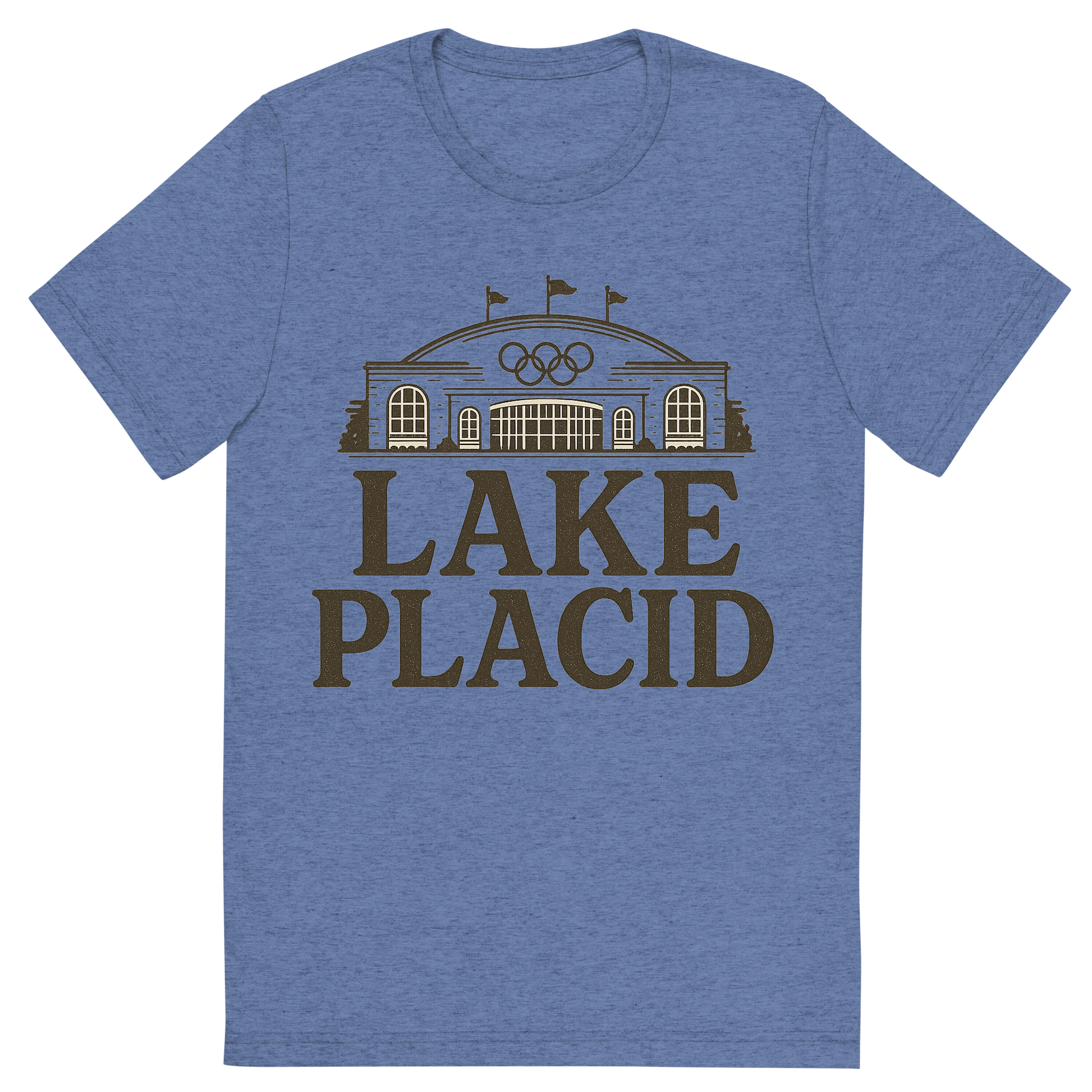Front view of a Premium Tri-Blend Crew Neck T-Shirt in Blue showing 'A typographic, nostalgic graphic of a typographic illustration of the words 'lake placid' with a vintage line art drawing of the olympic center'