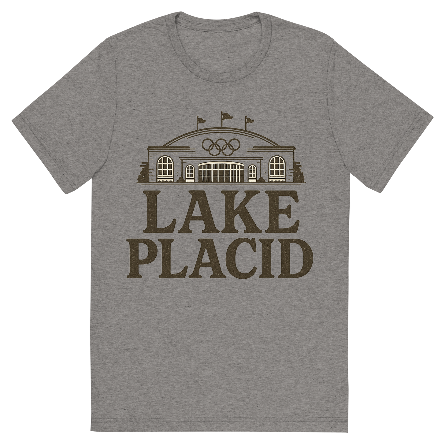 Front view of a Premium Tri-Blend Crew Neck T-Shirt in Grey showing 'A typographic, nostalgic graphic of a typographic illustration of the words 'lake placid' with a vintage line art drawing of the olympic center'