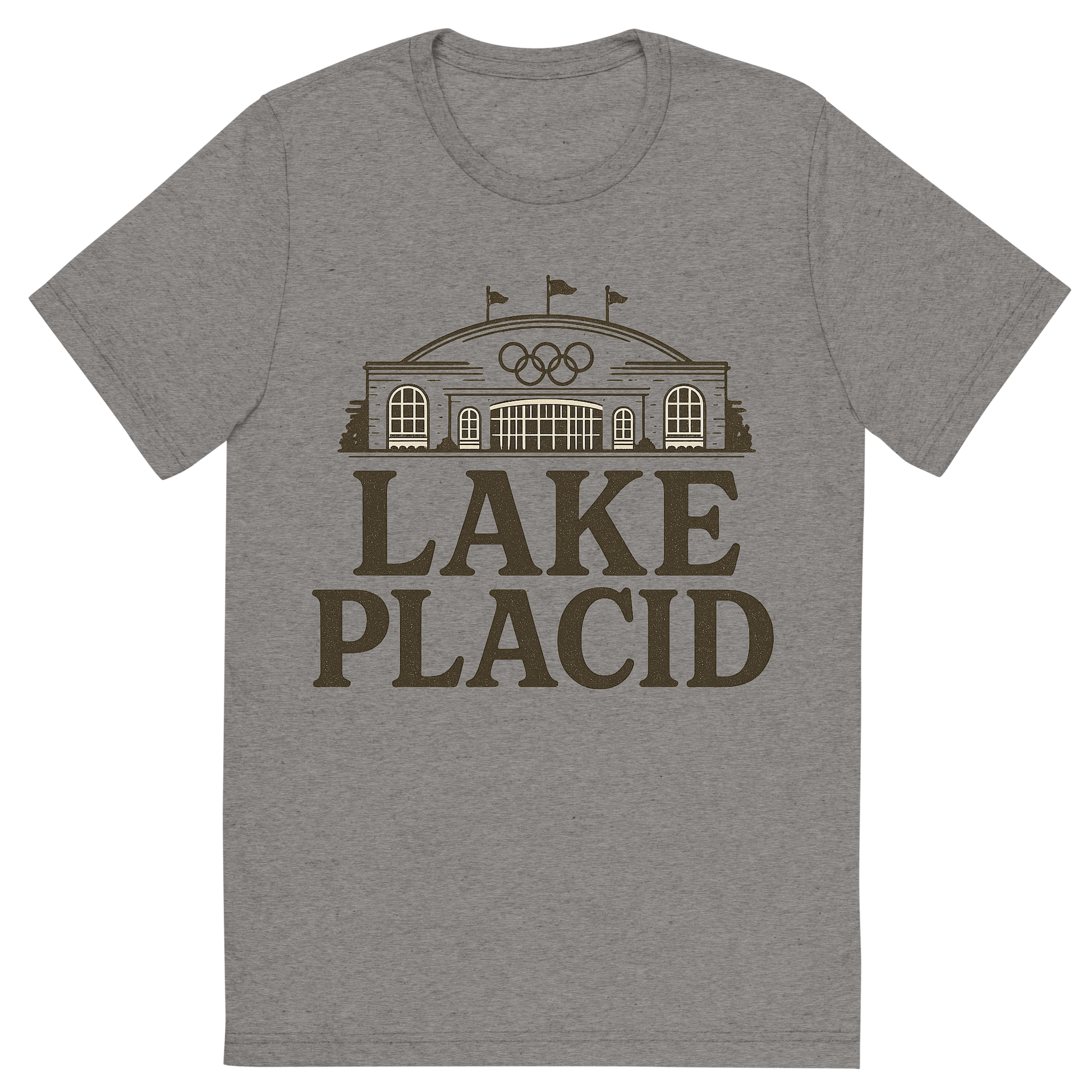 Front view of a Premium Tri-Blend Crew Neck T-Shirt in Grey showing 'A typographic, nostalgic graphic of a typographic illustration of the words 'lake placid' with a vintage line art drawing of the olympic center'