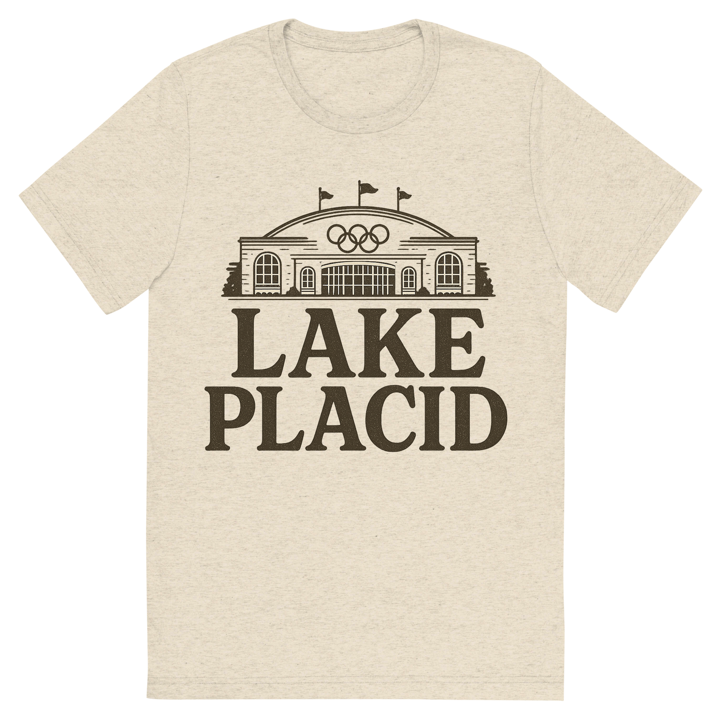 Front view of a Premium Tri-Blend Crew Neck T-Shirt in Oatmeal showing 'A typographic, nostalgic graphic of a typographic illustration of the words 'lake placid' with a vintage line art drawing of the olympic center'
