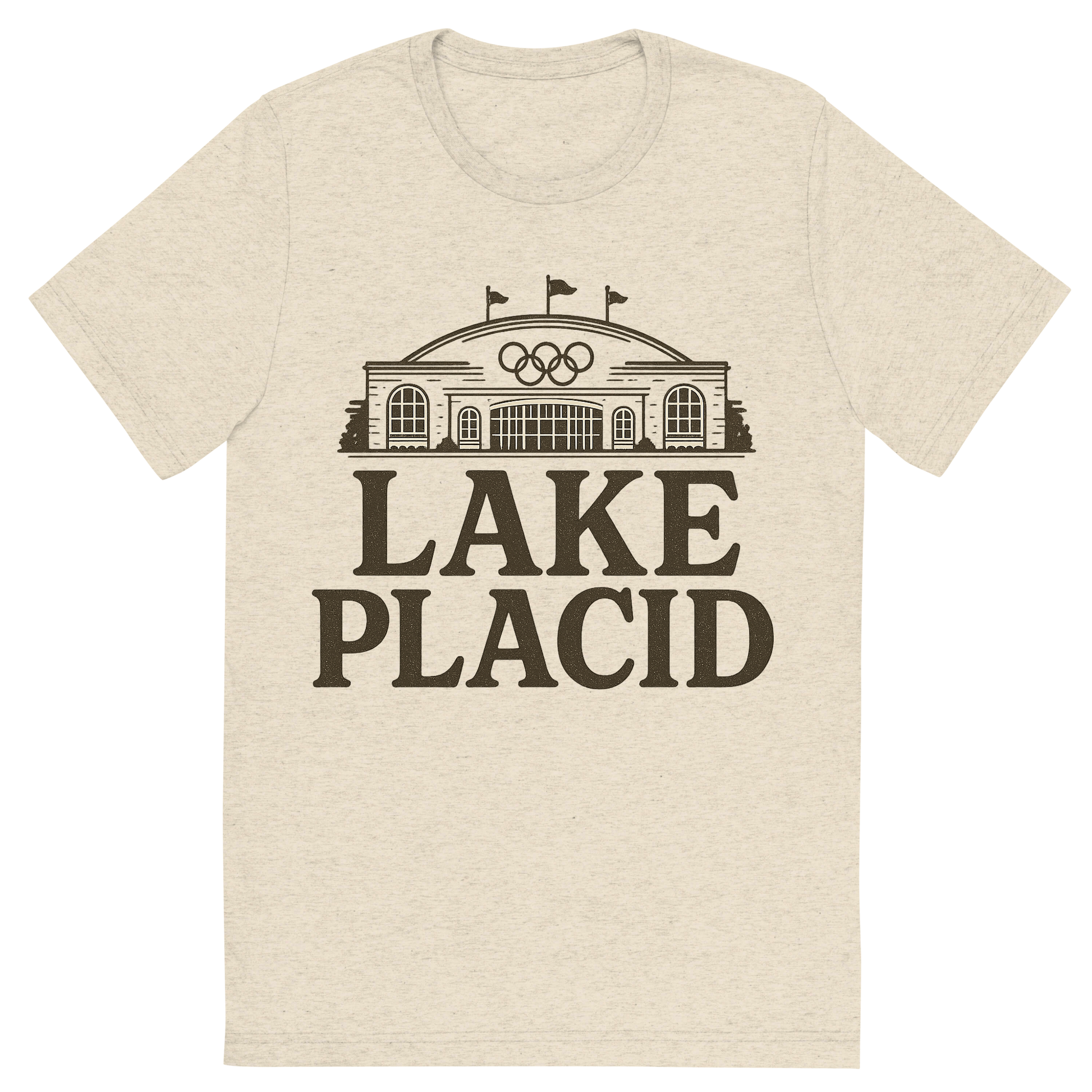 Front view of a Premium Tri-Blend Crew Neck T-Shirt in Oatmeal showing 'A typographic, nostalgic graphic of a typographic illustration of the words 'lake placid' with a vintage line art drawing of the olympic center'