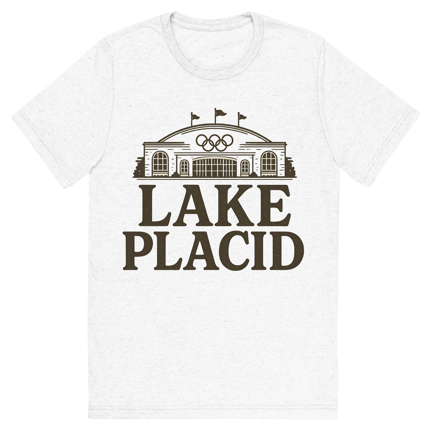 Front view of a Premium Tri-Blend Crew Neck T-Shirt in Solid White showing 'A typographic, nostalgic graphic of a typographic illustration of the words 'lake placid' with a vintage line art drawing of the olympic center'