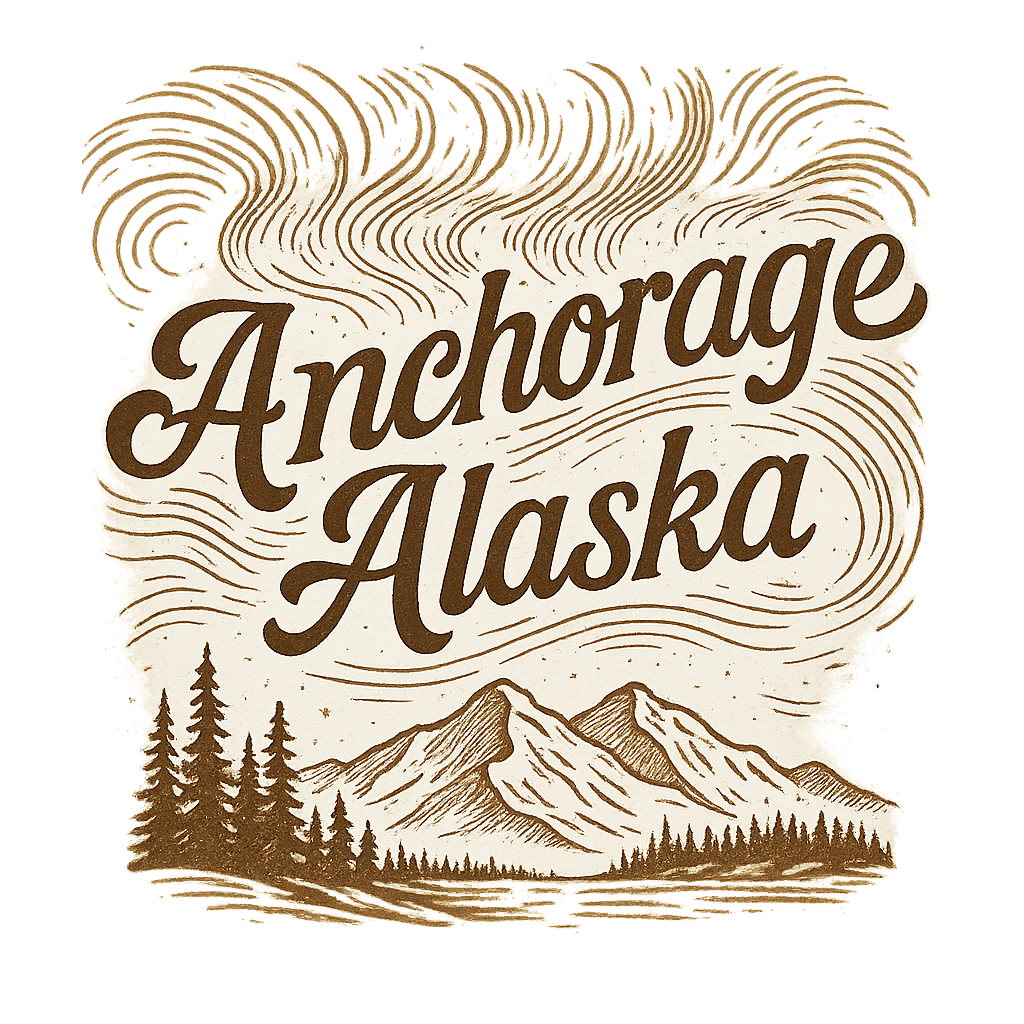 A typographic, nostalgic graphic of a typographic illustration of the words 'anchorage, alaska' with a vintage line art drawing of the northern lights – a t-shirt design
