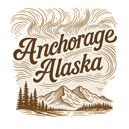 A typographic, nostalgic graphic of a typographic illustration of the words 'anchorage, alaska' with a vintage line art drawing of the northern lights – a t-shirt design