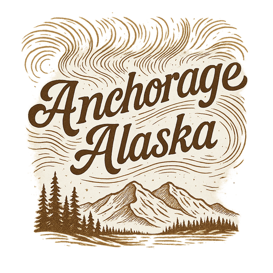 A typographic, nostalgic graphic of a typographic illustration of the words 'anchorage, alaska' with a vintage line art drawing of the northern lights – a t-shirt design