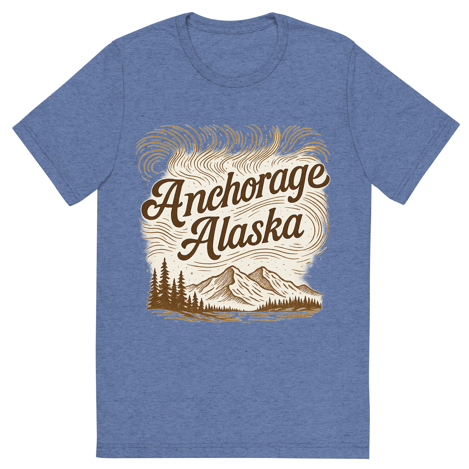 Front view of a Premium Tri-Blend Crew Neck T-Shirt in Blue showing 'A typographic, nostalgic graphic of a typographic illustration of the words 'anchorage, alaska' with a vintage line art drawing of the northern lights'