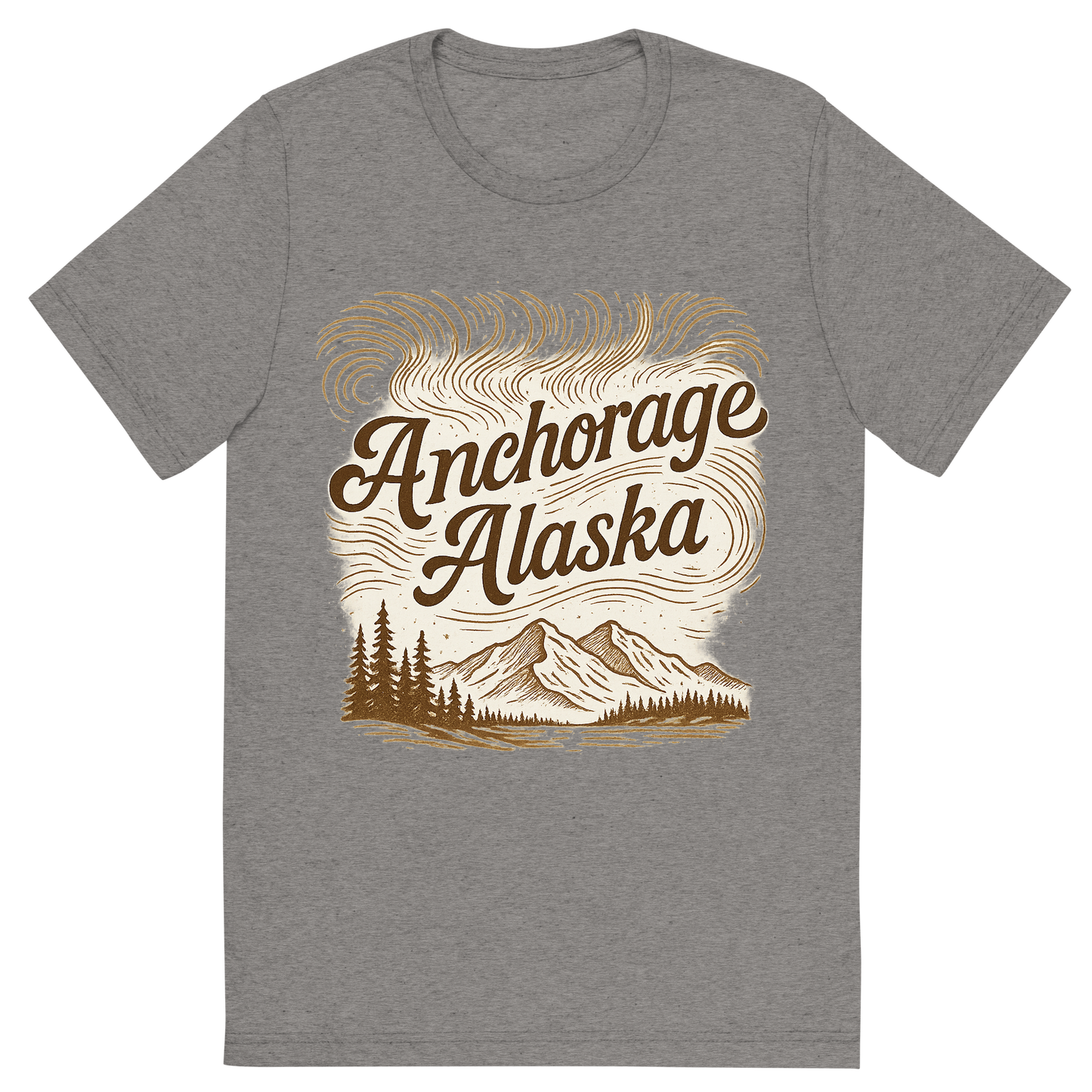 Front view of a Premium Tri-Blend Crew Neck T-Shirt in Grey showing 'A typographic, nostalgic graphic of a typographic illustration of the words 'anchorage, alaska' with a vintage line art drawing of the northern lights'