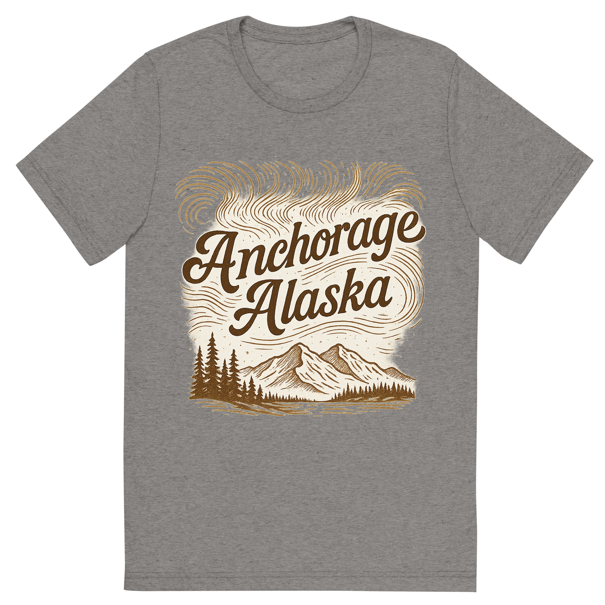 Front view of a Premium Tri-Blend Crew Neck T-Shirt in Grey showing 'A typographic, nostalgic graphic of a typographic illustration of the words 'anchorage, alaska' with a vintage line art drawing of the northern lights'