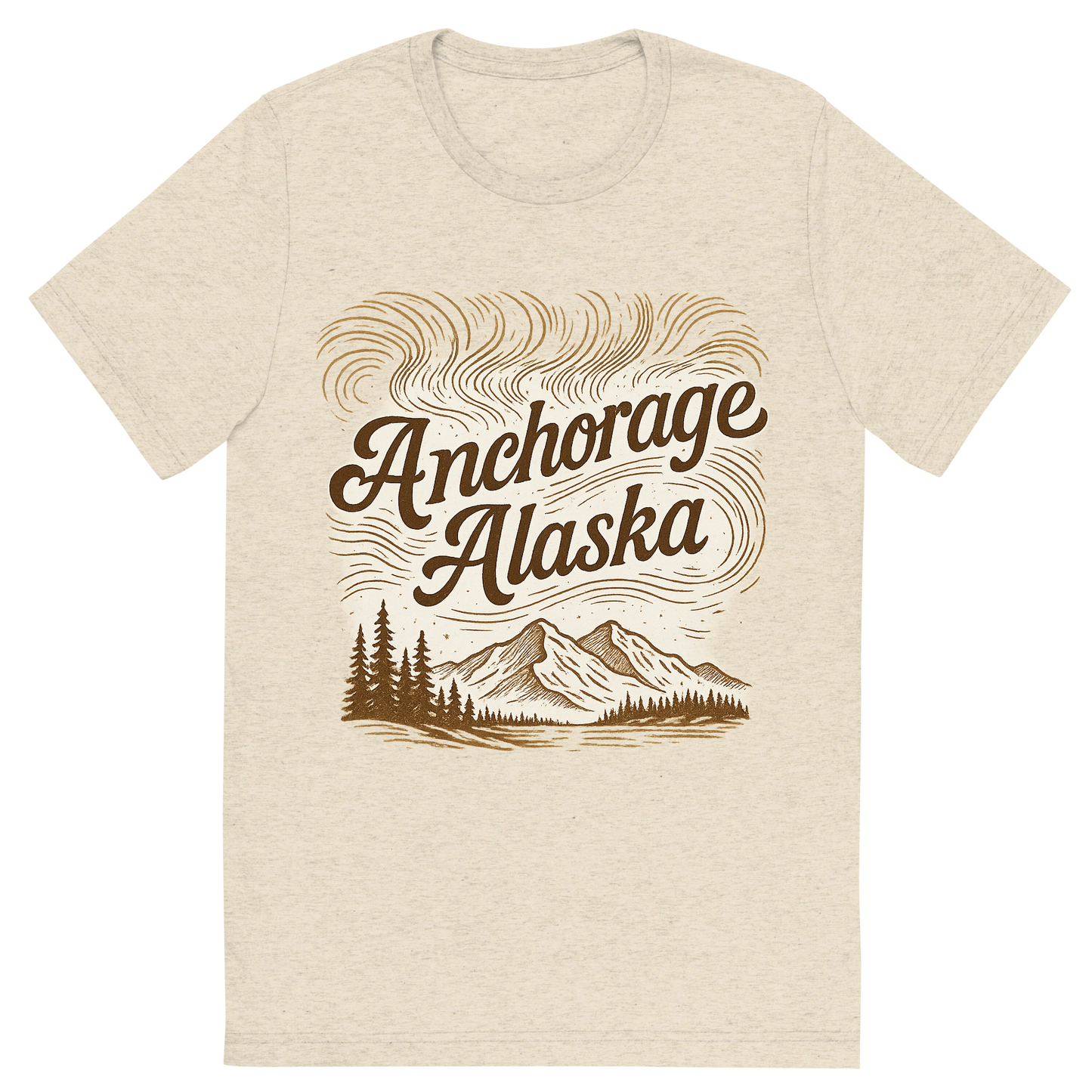Front view of a Premium Tri-Blend Crew Neck T-Shirt in Oatmeal showing 'A typographic, nostalgic graphic of a typographic illustration of the words 'anchorage, alaska' with a vintage line art drawing of the northern lights'