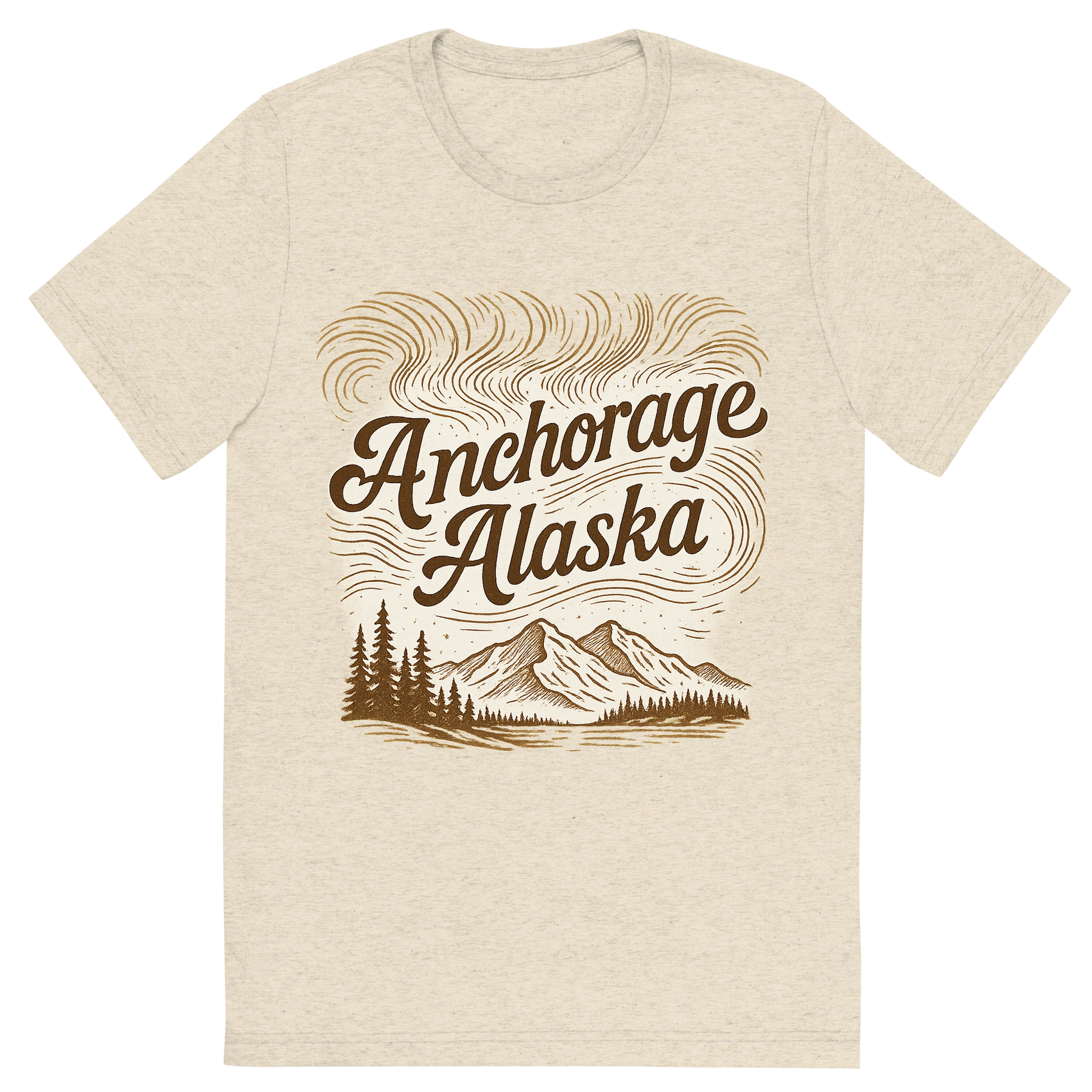 Front view of a Premium Tri-Blend Crew Neck T-Shirt in Oatmeal showing 'A typographic, nostalgic graphic of a typographic illustration of the words 'anchorage, alaska' with a vintage line art drawing of the northern lights'