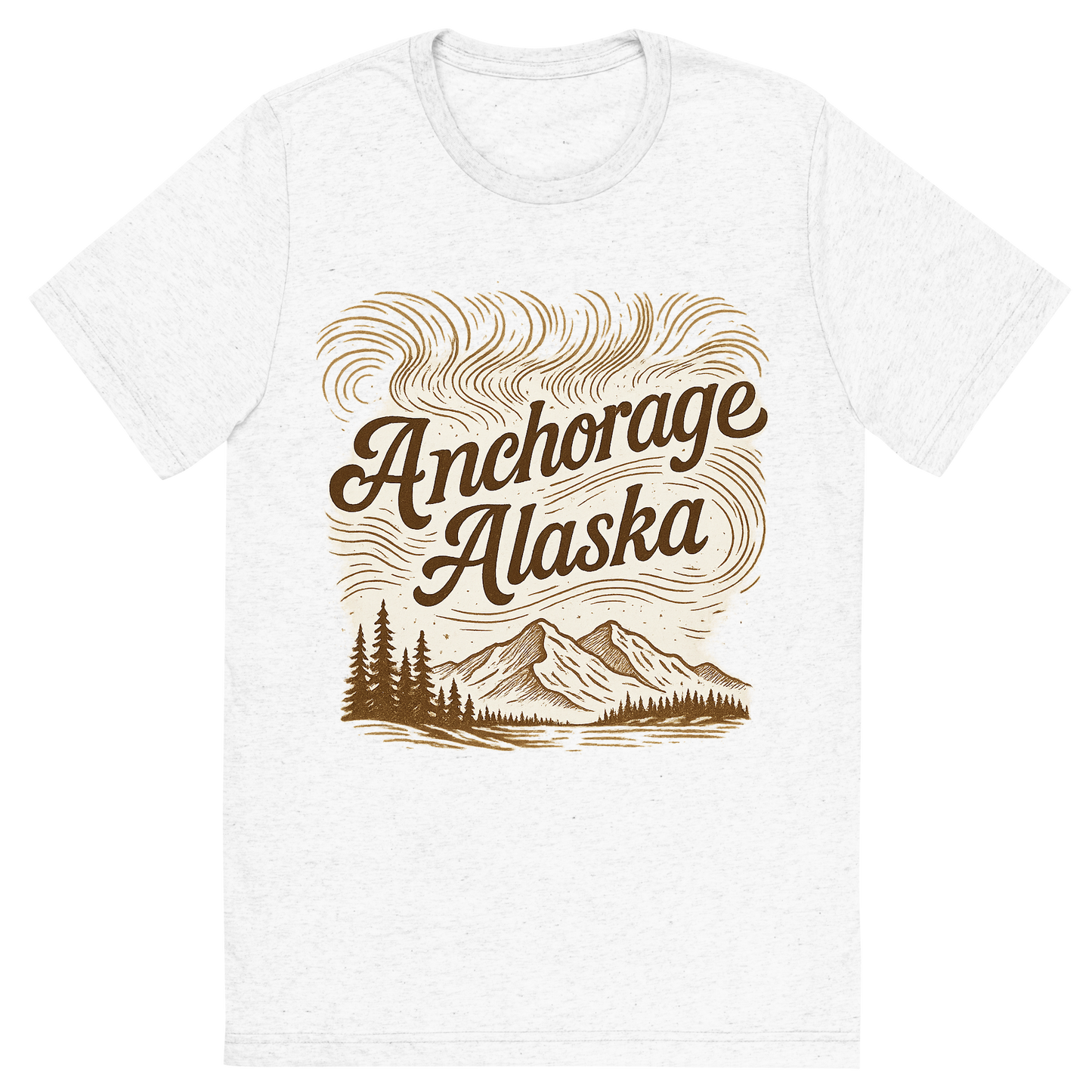 Front view of a Premium Tri-Blend Crew Neck T-Shirt in Solid White showing 'A typographic, nostalgic graphic of a typographic illustration of the words 'anchorage, alaska' with a vintage line art drawing of the northern lights'