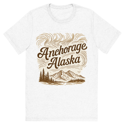 Front view of a Premium Tri-Blend Crew Neck T-Shirt in Solid White showing 'A typographic, nostalgic graphic of a typographic illustration of the words 'anchorage, alaska' with a vintage line art drawing of the northern lights'