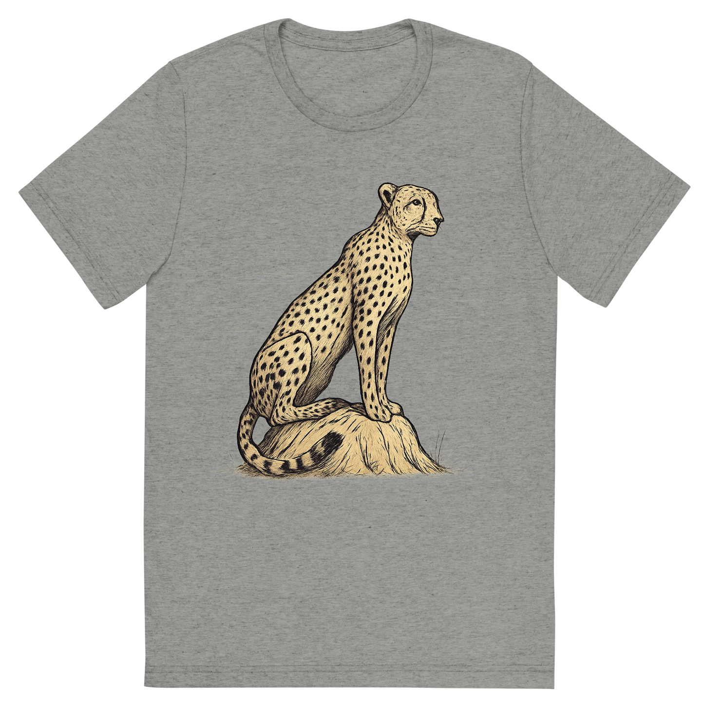 Front view of a Premium Tri-Blend Crew Neck T-Shirt in Athletic Grey showing 'A hand-drawn ink with color pops, focused graphic of a sleek cheetah perched atop a termite mound, scanning the horizon with alert eyes, illustrated in hand-drawn ink with soft tan and black details, centered composition, transparent background, optimized for dtg printing'