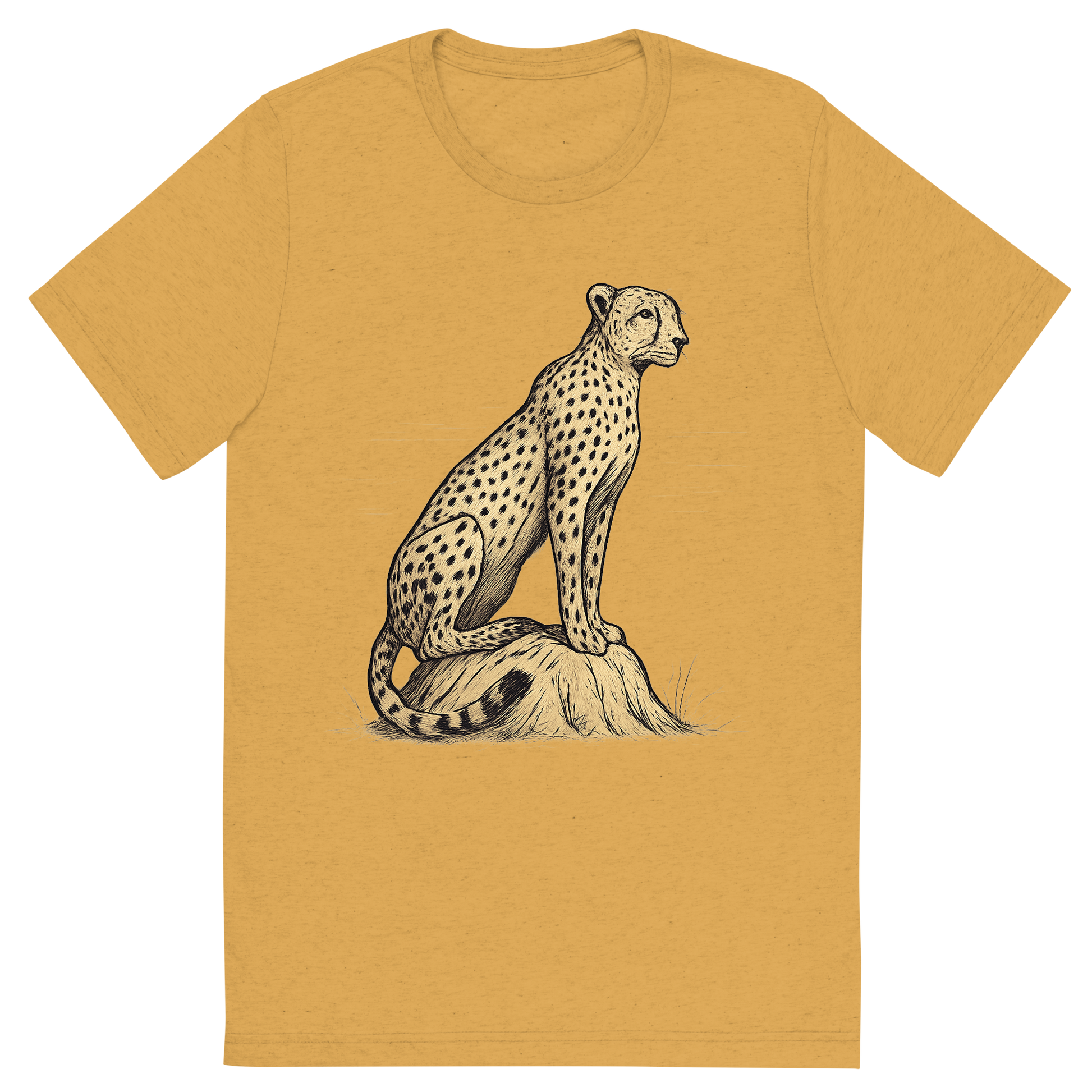 Front view of a Premium Tri-Blend Crew Neck T-Shirt in Mustard showing 'A hand-drawn ink with color pops, focused graphic of a sleek cheetah perched atop a termite mound, scanning the horizon with alert eyes, illustrated in hand-drawn ink with soft tan and black details, centered composition, transparent background, optimized for dtg printing'